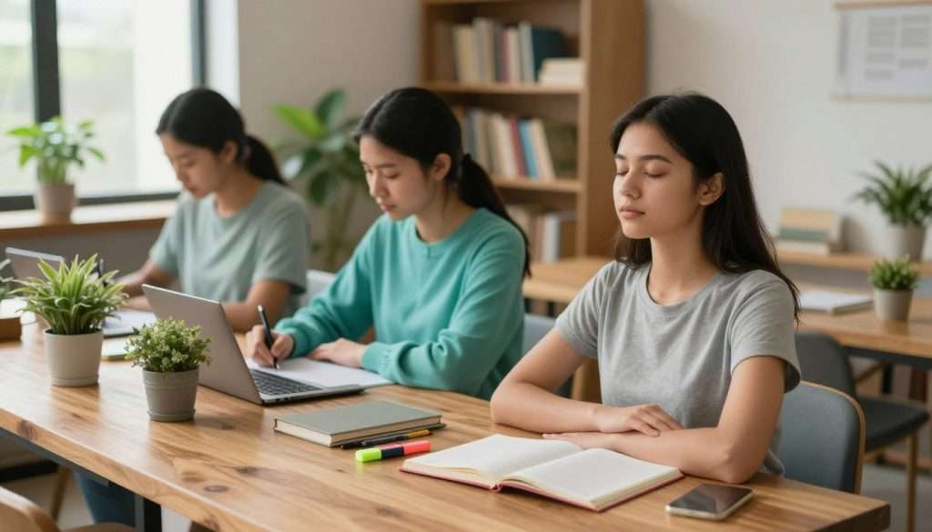 A serene study scene featuring a diverse group of three students deeply engaged in their work, each seated at a beautiful, large wooden table adorned with plants and study materials. The foreground highlights a young woman in modest casual attire, practicing mindfulness with closed eyes and a relaxed posture, while an open notebook and vibrant highlighters lay before her. In the middle ground, another student thoughtfully writes notes, surrounded by calming turquoise and green colors from the plants. The background subtly showcases shelves lined with books and soft natural light filtering through large windows, creating a warm, inviting atmosphere that enhances focus and tranquility. The overall mood conveys a sense of achievement and positivity, emphasizing the integration of mindfulness into studying.