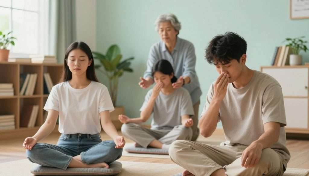A serene study scene featuring a diverse group of three students in cozy, well-lit surroundings, practicing mindfulness and breathing exercises. In the foreground, a young woman in casual attire sits cross-legged on a comfortable cushion, eyes closed and hands resting on her knees, embodying relaxation. To her right, a young man leans forward slightly, demonstrating deep breathing with a calm expression. A third student, an older individual, stands behind them, guiding the session with gentle hand gestures. The middle ground showcases an inviting study area filled with books, plants, and natural light streaming through large windows, creating a warm and calming atmosphere. In the background, soft hues of pastel greens and blues enhance the tranquility of the environment, evoking a sense of peace and focus. Overall, the composition should radiate relaxation and mindfulness, perfect for illustrating techniques to calm the mind while studying. A serene study scene featuring a diverse group of three students in cozy, well-lit surroundings, practicing mindfulness and breathing exercises. In the foreground, a young woman in casual attire sits cross-legged on a comfortable cushion, eyes closed and hands resting on her knees, embodying relaxation. To her right, a young man leans forward slightly, demonstrating deep breathing with a calm expression. A third student, an older individual, stands behind them, guiding the session with gentle hand gestures. The middle ground showcases an inviting study area filled with books, plants, and natural light streaming through large windows, creating a warm and calming atmosphere. In the background, soft hues of pastel greens and blues enhance the tranquility of the environment, evoking a sense of peace and focus. Overall, the composition should radiate relaxation and mindfulness, perfect for illustrating techniques to calm the mind while studying.