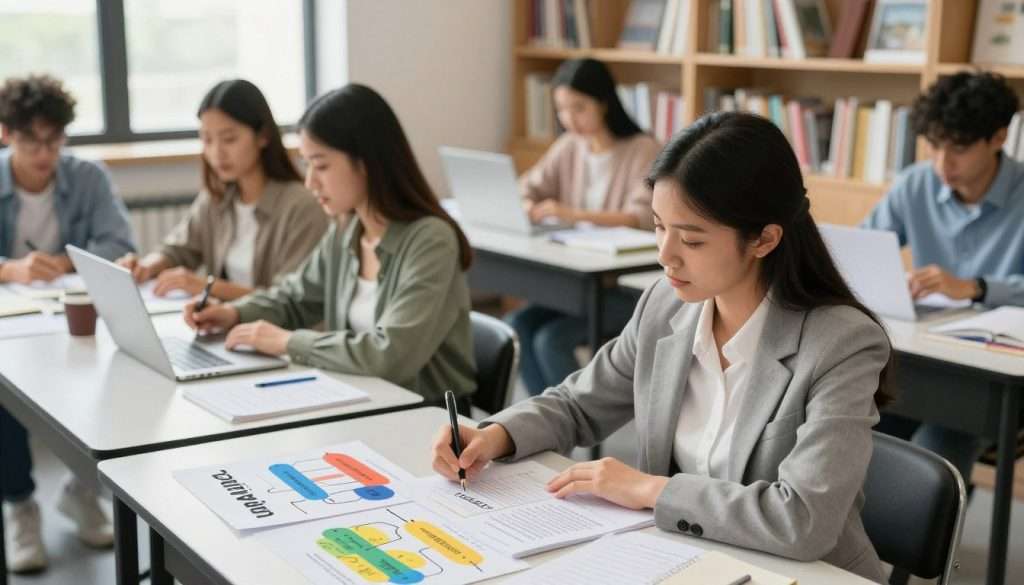 A serene study scene illustrating the concept of dual coding, featuring a diverse classroom environment. In the foreground, a focused student, a young woman in professional attire, is actively engaging with visual aids and notes. She is surrounded by colorful visuals like infographics and diagrams that represent complex concepts seamlessly integrated with text. In the middle ground, her classmates can be seen interacting with similar visual presentations or discussing their findings collaboratively. The background showcases bookshelves filled with educational resources, softly illuminated by natural light streaming through large windows, creating an inviting atmosphere. The composition is shot at a slightly elevated angle to capture both the details of the materials and the engaged expressions of the students, evoking a mood of productivity and creativity. A serene study scene illustrating the concept of dual coding, featuring a diverse classroom environment. In the foreground, a focused student, a young woman in professional attire, is actively engaging with visual aids and notes. She is surrounded by colorful visuals like infographics and diagrams that represent complex concepts seamlessly integrated with text. In the middle ground, her classmates can be seen interacting with similar visual presentations or discussing their findings collaboratively. The background showcases bookshelves filled with educational resources, softly illuminated by natural light streaming through large windows, creating an inviting atmosphere. The composition is shot at a slightly elevated angle to capture both the details of the materials and the engaged expressions of the students, evoking a mood of productivity and creativity.