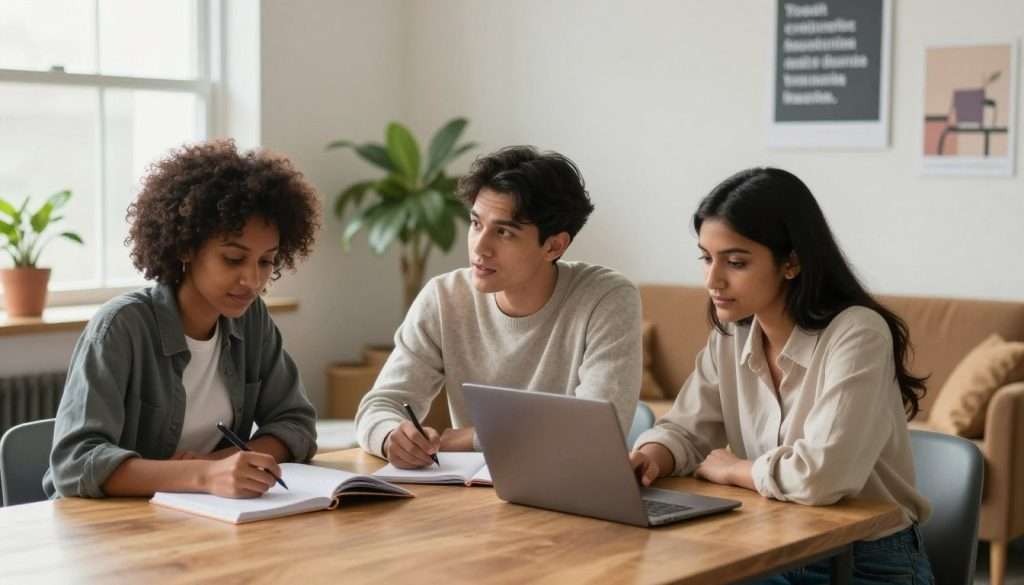 A serene study space in a softly lit room, with a diverse group of three students gathered around a wooden table, engaged in collaborative learning. One student, a Black woman in smart casual attire, is writing notes; another, a Hispanic man in a light sweater, is sharing ideas, while a South Asian woman in casual but professional clothing is using a laptop. In the background, soothing plants are situated near a window with natural light streaming in, illuminating the scene. A cozy armchair sits invitingly in one corner, and motivational posters are subtly placed on the walls. The mood is relaxed yet focused, reflecting a perfect balance of academic rigor and personal well-being, suggesting harmony between study and self-care. The angle showcases the students' expressions of concentration and camaraderie.