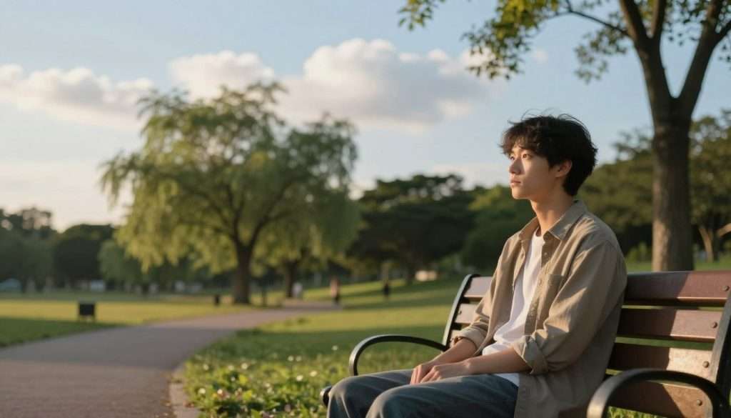 A serene, tranquil scene depicting the concept of embracing boredom. In the foreground, a young adult is seated on a park bench, dressed in casual, modest clothing, looking contemplative while gazing into the distance. The middle ground consists of gently swaying trees and a winding path, symbolizing life’s slow yet beautiful journey. The background shows a soft, blue sky with fluffy white clouds, creating an inviting, open atmosphere. The lighting is warm and golden, suggesting late afternoon sunlight that casts soft shadows, enhancing the feeling of calm and reflection. The overall mood is peaceful and introspective, capturing the essence of overcoming the initial discomfort of boredom. The composition is framed with a shallow depth of field to draw the viewer's focus to the individual’s thoughtful expression.