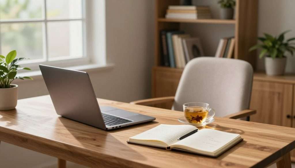 A serene workspace designed for deep concentration. In the foreground, a modern wooden desk is neatly organized with a sleek laptop, a cup of herbal tea, and an open notebook filled with handwritten notes. In the middle ground, a cozy chair with soft fabric invites focus, positioned under a large window allowing natural light to stream in. The background features a tastefully decorated bookshelf filled with motivational books and plants that add a touch of greenery. The room is softly illuminated by warm, ambient lighting, creating a tranquil atmosphere. A slight blur effect around the edges emphasizes the clarity of the workspace, evoking a sense of calm and deep concentration. The overall mood is peaceful, inspiring, and conducive to focused work, blending nature and modern design harmoniously.
