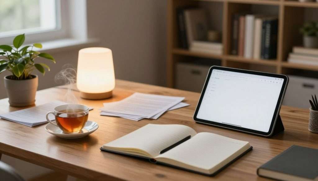 A serene workspace designed to illustrate the concept of reducing digital overwhelm in a modern setting. In the foreground, a wooden desk with an open notebook, a steaming cup of tea, and a digital tablet displaying a minimalist interface. In the middle, a soft, glowing light emanates from a desk lamp, illuminating scattered papers organized neatly, while an indoor plant adds a touch of nature. In the background, a blurred shelf filled with well-organized books, symbolizing a curated digital library. The overall atmosphere is warm and inviting, evoking a sense of calm and clarity, with soft natural lighting filtering in through a window. The composition is framed in a slight overhead angle to capture the full essence of the workspace. A serene workspace designed to illustrate the concept of reducing digital overwhelm in a modern setting. In the foreground, a wooden desk with an open notebook, a steaming cup of tea, and a digital tablet displaying a minimalist interface. In the middle, a soft, glowing light emanates from a desk lamp, illuminating scattered papers organized neatly, while an indoor plant adds a touch of nature. In the background, a blurred shelf filled with well-organized books, symbolizing a curated digital library. The overall atmosphere is warm and inviting, evoking a sense of calm and clarity, with soft natural lighting filtering in through a window. The composition is framed in a slight overhead angle to capture the full essence of the workspace.