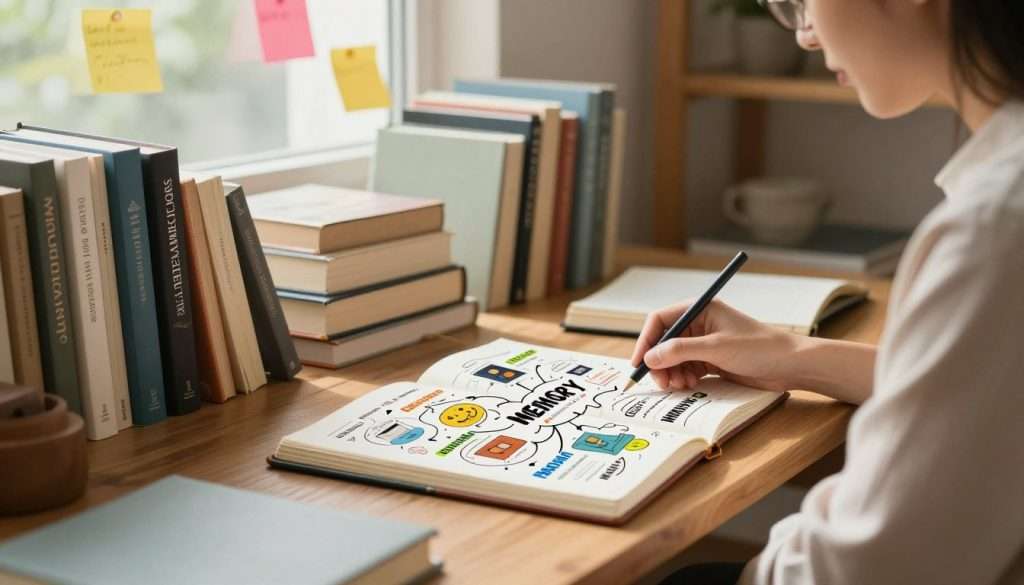 A serene workspace filled with books and open notebooks, where a thoughtful writer, dressed in modest casual clothing, sits at a wooden desk. In the foreground, a hand flips through a visually stimulating mind map filled with colorful keywords and images representing various aspects of memory. In the middle, shelves lined with carefully organized books symbolize a well-edited mental library, and sticky notes in various colors flutter in the gentle breeze of a nearby window. The background features soft, natural lighting pouring in, casting a warm glow and enhancing the inviting atmosphere. The scene evokes a sense of focus and creativity, illustrating the process of refining and enhancing memory skills through organized knowledge and reflective practice. A serene workspace filled with books and open notebooks, where a thoughtful writer, dressed in modest casual clothing, sits at a wooden desk. In the foreground, a hand flips through a visually stimulating mind map filled with colorful keywords and images representing various aspects of memory. In the middle, shelves lined with carefully organized books symbolize a well-edited mental library, and sticky notes in various colors flutter in the gentle breeze of a nearby window. The background features soft, natural lighting pouring in, casting a warm glow and enhancing the inviting atmosphere. The scene evokes a sense of focus and creativity, illustrating the process of refining and enhancing memory skills through organized knowledge and reflective practice.