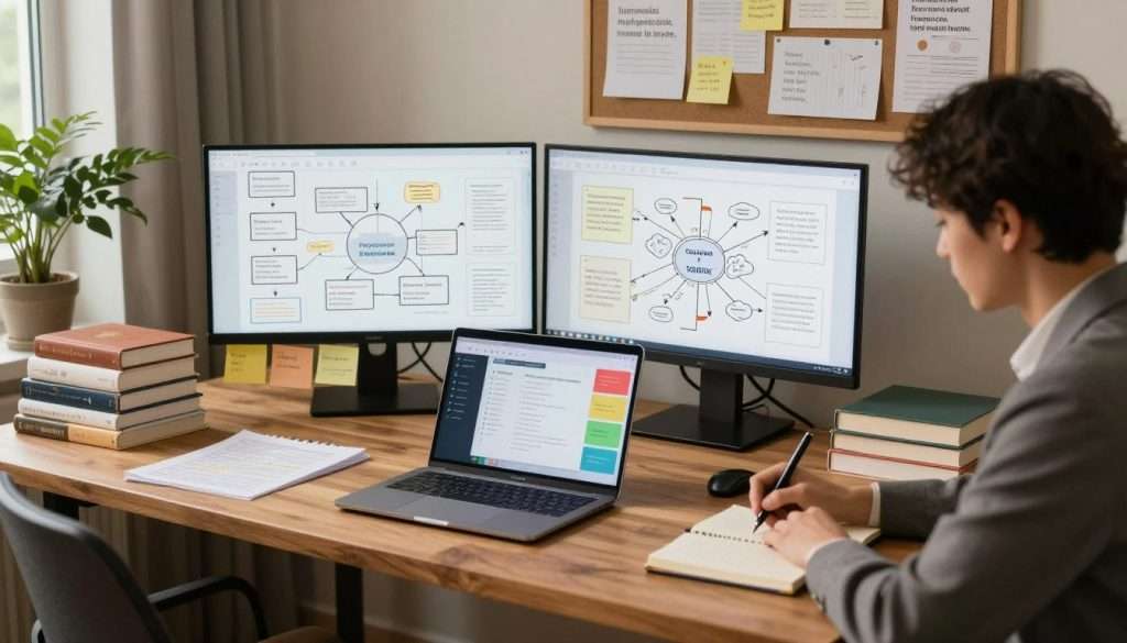 A serene workspace filled with organized notes, digital screens displaying mind maps, and stacks of books. In the foreground, a focused individual in professional business attire, writing in a notebook with a thoughtful expression. In the middle, a large wooden desk with an open laptop showcasing a colorful interface for progressive summarization. Books, sticky notes, and visual aids are artfully arranged, conveying a sense of systematic organization. The background features a softly lit room with plants and a bulletin board filled with inspiring quotes and diagrams. Warm, ambient lighting creates a calm, productive atmosphere, emphasizing clarity and creativity in personal knowledge management. A serene workspace filled with organized notes, digital screens displaying mind maps, and stacks of books. In the foreground, a focused individual in professional business attire, writing in a notebook with a thoughtful expression. In the middle, a large wooden desk with an open laptop showcasing a colorful interface for progressive summarization. Books, sticky notes, and visual aids are artfully arranged, conveying a sense of systematic organization. The background features a softly lit room with plants and a bulletin board filled with inspiring quotes and diagrams. Warm, ambient lighting creates a calm, productive atmosphere, emphasizing clarity and creativity in personal knowledge management.