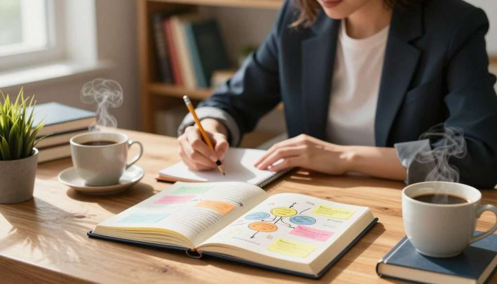 A serene workspace filled with sensory stimuli to illustrate memory techniques. In the foreground, a wooden desk showcases an open journal filled with colorful notes and mind maps, alongside a steaming cup of coffee and a small potted plant. In the middle, a thoughtful writer, dressed in a smart-casual outfit, holds a pencil, deeply engaged in writing. The background features a softly lit bookshelf with various books on writing and psychology. Natural light streams through a window, casting a warm glow on the scene, creating an inviting and focused atmosphere. The image evokes creativity and introspection, highlighting the importance of sensory details in anchoring information. A serene workspace filled with sensory stimuli to illustrate memory techniques. In the foreground, a wooden desk showcases an open journal filled with colorful notes and mind maps, alongside a steaming cup of coffee and a small potted plant. In the middle, a thoughtful writer, dressed in a smart-casual outfit, holds a pencil, deeply engaged in writing. The background features a softly lit bookshelf with various books on writing and psychology. Natural light streams through a window, casting a warm glow on the scene, creating an inviting and focused atmosphere. The image evokes creativity and introspection, highlighting the importance of sensory details in anchoring information.