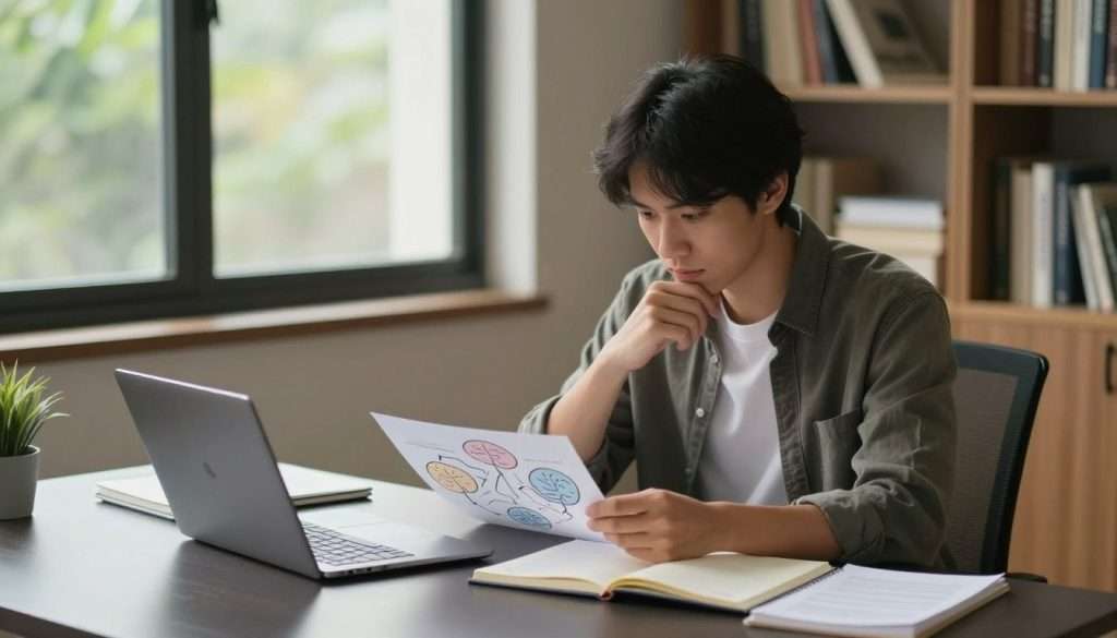 A serene workspace illustrating the concept of critical thinking. In the foreground, a person in business casual attire sits at a sleek desk, thoughtfully analyzing a mind map on paper, surrounded by open notebooks and a laptop. The middle section features soft, warm light illuminating the person's focused expression, highlighting their engaged demeanor. Background elements include a large window with greenery outside, and bookshelves filled with literature on philosophy and mindfulness. The atmosphere is calm and inspiring, evoking a sense of clarity and contemplation. The angle is slightly elevated, capturing the entire scene while maintaining a personal and intimate feel. The overall mood is one of reflection and deep thought, emphasizing the importance of mindfulness in enhancing critical thinking skills.