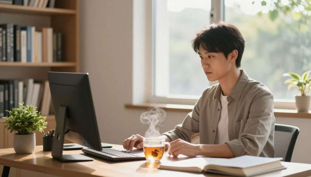 A serene workspace scene depicting a focused professional in a tastefully decorated home office, wearing smart casual clothing. In the foreground, the individual sits at a well-organized desk, surrounded by calming elements like a small plant and a steaming cup of herbal tea. The middle layer features a large window letting in soft, warm sunlight, illuminating the space and creating a soothing atmosphere. In the background, a gentle blur of bookshelves filled with inspiring literature adds depth. The overall mood is one of tranquility and concentration, with a subtle hint of greenery outside the window, suggesting nature’s role in overcoming mental roadblocks. The framing is done from a slight angle to emphasize both the person’s expression of determination and the harmonious setting. A serene workspace scene depicting a focused professional in a tastefully decorated home office, wearing smart casual clothing. In the foreground, the individual sits at a well-organized desk, surrounded by calming elements like a small plant and a steaming cup of herbal tea. The middle layer features a large window letting in soft, warm sunlight, illuminating the space and creating a soothing atmosphere. In the background, a gentle blur of bookshelves filled with inspiring literature adds depth. The overall mood is one of tranquility and concentration, with a subtle hint of greenery outside the window, suggesting nature’s role in overcoming mental roadblocks. The framing is done from a slight angle to emphasize both the person’s expression of determination and the harmonious setting.