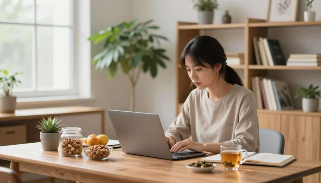 A serene workspace setting designed to enhance focus without exhaustion. In the foreground, a young professional woman in modest casual attire is seated at a sleek wooden desk, deeply engaged with her work, surrounded by an array of healthy snacks like nuts, fruit, and herbal tea. In the middle ground, a tall indoor plant adds a touch of green, promoting a refreshing atmosphere, while an open window lets in soft, natural light that illuminates the entire scene. The background features modular shelving filled with books and calming decor. The atmosphere is one of calm productivity, with warm tones and a slight blur around the edges to convey a sense of focus and tranquility. The composition uses a focal length that draws attention to the subject while keeping a soft bokeh effect on the background elements. A serene workspace setting designed to enhance focus without exhaustion. In the foreground, a young professional woman in modest casual attire is seated at a sleek wooden desk, deeply engaged with her work, surrounded by an array of healthy snacks like nuts, fruit, and herbal tea. In the middle ground, a tall indoor plant adds a touch of green, promoting a refreshing atmosphere, while an open window lets in soft, natural light that illuminates the entire scene. The background features modular shelving filled with books and calming decor. The atmosphere is one of calm productivity, with warm tones and a slight blur around the edges to convey a sense of focus and tranquility. The composition uses a focal length that draws attention to the subject while keeping a soft bokeh effect on the background elements.