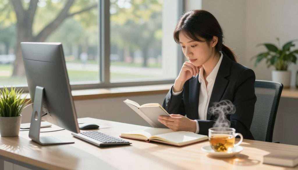 A serene workspace that represents the balance of productivity and mental health. In the foreground, a well-organized desk with an open notebook, a steaming cup of herbal tea, and a small potted plant. In the middle, a person in professional business attire is seated, thoughtfully looking at the notebook, embodying calm focus. The background features a large window with soft, natural light streaming in, casting gentle shadows. Outside, a tranquil park scene with trees swaying lightly in the breeze, suggesting a peaceful break from work. The overall mood is one of tranquility and mindfulness, highlighting the importance of integrating moments of boredom as a skill for enhancing focus and productivity in a high-pressure lifestyle.