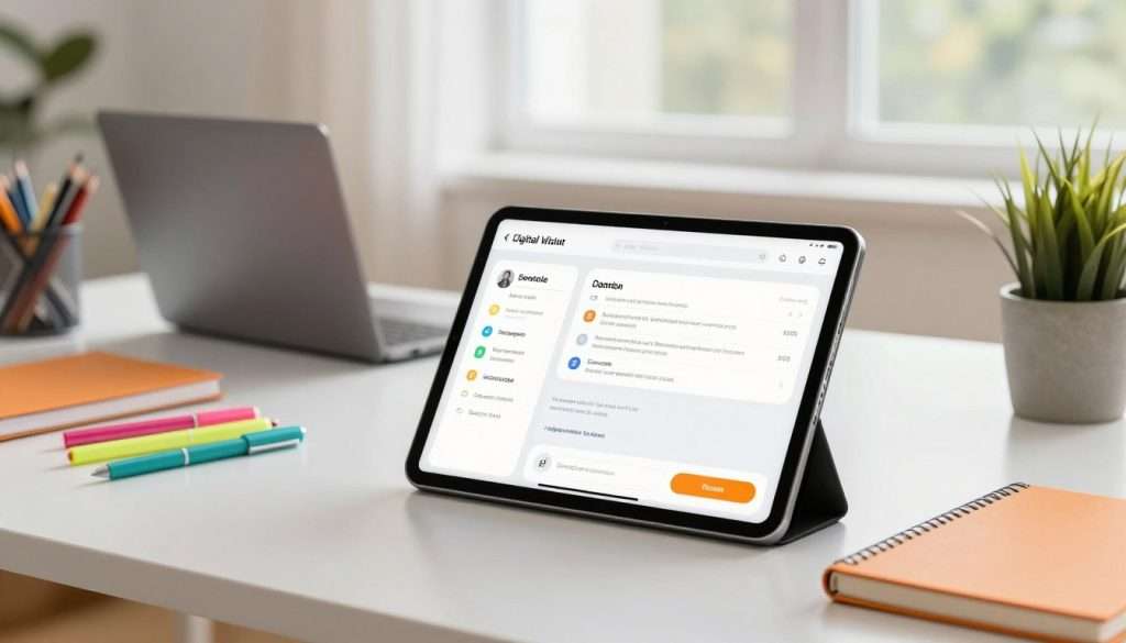 A sleek, modern digital productivity tool is displayed prominently in the foreground, featuring a clean, user-friendly interface on a tablet screen. The tablet is surrounded by vibrant stationery — colorful notebooks, highlighters, and ergonomic pens — to emphasize creativity and organization. In the middle ground, a minimalist desk setup with a stylish laptop and a potted plant adds to the productive yet calming atmosphere. The background reveals a bright, airy room with soft, natural light streaming in through a large window, creating an inviting study space. A subtle, focused angle highlights the tool's features, with a sense of energy and motivation filling the scene, inspiring a sense of possibility for students who need a fresh approach to productivity.