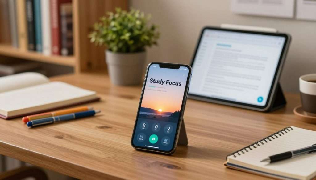 A smartphone placed on a wooden study desk, surrounded by various educational tools like notebooks, colored pens, and a digital tablet displaying a study app. In the foreground, the phone's screen glows softly, showcasing a timer app indicating "Study Focus" with a calm, motivating background scene. In the middle ground, there are visual elements like a small green plant for a refreshing vibe, and a cup of coffee conveying a sense of focus and tranquility. The background features a softly lit bookshelf filled with educational books and resources, creating an inviting atmosphere for learning. The lighting is warm, enhancing the cozy study environment. The scene captures a modern yet serene mood, ideal for implementing focus techniques during mobile study sessions. A smartphone placed on a wooden study desk, surrounded by various educational tools like notebooks, colored pens, and a digital tablet displaying a study app. In the foreground, the phone's screen glows softly, showcasing a timer app indicating "Study Focus" with a calm, motivating background scene. In the middle ground, there are visual elements like a small green plant for a refreshing vibe, and a cup of coffee conveying a sense of focus and tranquility. The background features a softly lit bookshelf filled with educational books and resources, creating an inviting atmosphere for learning. The lighting is warm, enhancing the cozy study environment. The scene captures a modern yet serene mood, ideal for implementing focus techniques during mobile study sessions.