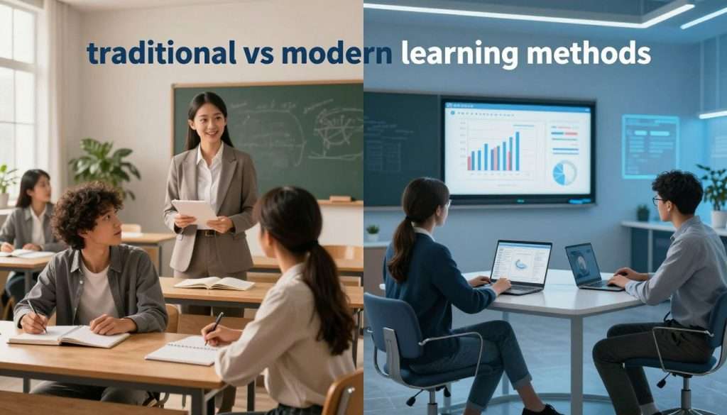 A split scene illustrating "traditional vs modern learning methods." In the foreground, on the left, a cozy, well-lit classroom with wooden desks, students taking notes in notebooks, and a teacher engaging with them, dressed in professional business attire. On the right, a modern learning environment, featuring sleek desks with laptops, students engaged in online discussions with digital interfaces visible, in casual but professional clothing. The middle ground includes a chalkboard transitioning into a digital screen displaying graphs and analytics. The background shows a warm, inviting atmosphere on the left with soft, natural lighting, while the right has a sleek, high-tech ambiance with cooler blue tones. The overall mood conveys the contrast between the timeless nature of traditional education and the dynamic, innovative spirit of modern digital learning.
