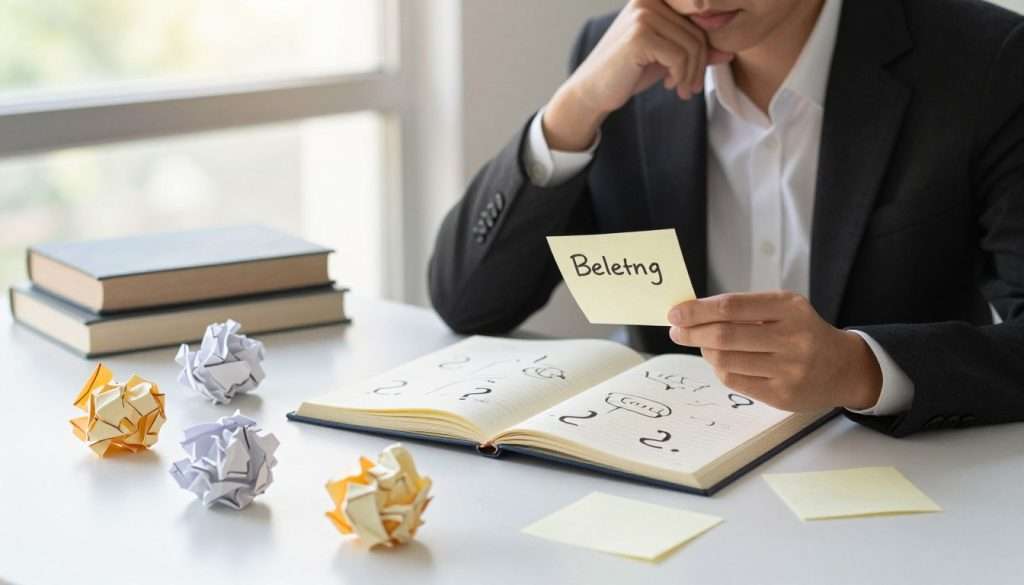 A thoughtful scene depicting a person seated at a modern desk, surrounded by scattered notes and books, visually representing the concept of challenging one's thoughts. The individual, wearing professional business attire, appears deep in contemplation as they examine a handwritten note that contradicts their belief. In the foreground, the crumpled notes symbolize discarded ideas, while in the middle, a large open journal displays mind maps and emerging questions about former beliefs. The background features a bright window allowing natural light to illuminate the scene, creating a warm and inviting atmosphere. The composition should have a slight depth of field, focusing on the person and their notes, while slightly blurring the background to enhance the mood of introspection and self-reflection. A thoughtful scene depicting a person seated at a modern desk, surrounded by scattered notes and books, visually representing the concept of challenging one's thoughts. The individual, wearing professional business attire, appears deep in contemplation as they examine a handwritten note that contradicts their belief. In the foreground, the crumpled notes symbolize discarded ideas, while in the middle, a large open journal displays mind maps and emerging questions about former beliefs. The background features a bright window allowing natural light to illuminate the scene, creating a warm and inviting atmosphere. The composition should have a slight depth of field, focusing on the person and their notes, while slightly blurring the background to enhance the mood of introspection and self-reflection.
