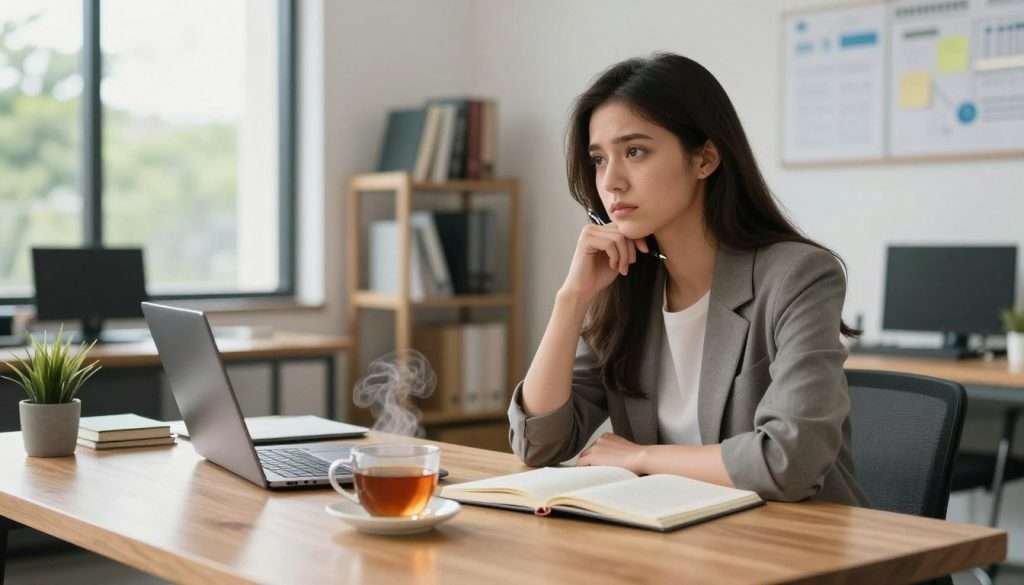 A thoughtful young woman sits at a modern, wooden desk in a bright, airy office, her expression a mix of curiosity and determination. She's dressed in smart casual attire, pen in hand, surrounded by open notebooks and a laptop displaying research material. In the foreground, a steaming cup of tea rests beside her, symbolizing contemplation. The middle ground highlights shelves filled with books on various subjects, signifying the pursuit of knowledge. In the softly lit background, a large window showcases a peaceful outdoor scene with green trees and a clear sky, creating an inviting atmosphere. The overall mood is one of introspection and inspiration, encouraging viewers to embrace the power of asking meaningful questions. A thoughtful young woman sits at a modern, wooden desk in a bright, airy office, her expression a mix of curiosity and determination. She's dressed in smart casual attire, pen in hand, surrounded by open notebooks and a laptop displaying research material. In the foreground, a steaming cup of tea rests beside her, symbolizing contemplation. The middle ground highlights shelves filled with books on various subjects, signifying the pursuit of knowledge. In the softly lit background, a large window showcases a peaceful outdoor scene with green trees and a clear sky, creating an inviting atmosphere. The overall mood is one of introspection and inspiration, encouraging viewers to embrace the power of asking meaningful questions.