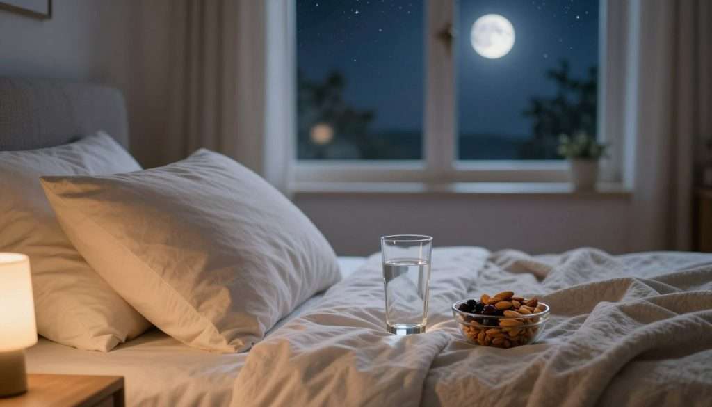 A tranquil bedroom scene highlighting the importance of sleep and nutrition for memory consolidation. In the foreground, a cozy bed with neatly arranged pillows and soft blankets is bathed in warm, soft lighting, creating a relaxing atmosphere. A nightstand holds a glass of water and a small bowl of nutrient-rich snacks like almonds and berries, emphasizing the connection between nutrition and cognitive function. In the middle ground, a peaceful window view reveals a starry night sky with a sliver of a moon, imparting a sense of calm and tranquility. The background is softly blurred, featuring faint outlines of trees, enhancing the dreamy quality of the scene. The overall mood is serene and introspective, inviting viewers to reflect on the roles of sleep and nutrition in enhancing memory. A tranquil bedroom scene highlighting the importance of sleep and nutrition for memory consolidation. In the foreground, a cozy bed with neatly arranged pillows and soft blankets is bathed in warm, soft lighting, creating a relaxing atmosphere. A nightstand holds a glass of water and a small bowl of nutrient-rich snacks like almonds and berries, emphasizing the connection between nutrition and cognitive function. In the middle ground, a peaceful window view reveals a starry night sky with a sliver of a moon, imparting a sense of calm and tranquility. The background is softly blurred, featuring faint outlines of trees, enhancing the dreamy quality of the scene. The overall mood is serene and introspective, inviting viewers to reflect on the roles of sleep and nutrition in enhancing memory.