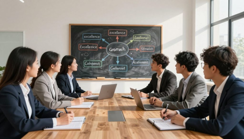 A vibrant academic setting focused on ambitious goal-setting. In the foreground, a diverse group of students, dressed in professional business attire, gather around a large wooden table, engaged in animated discussions. They have notebooks open, filled with written goals and achievements. In the middle ground, a large chalkboard displays a colorful mind map illustrating various academic objectives, like "excellence," "growth," and "achievement." The background features large windows allowing natural sunlight to flood the room, creating an energizing atmosphere. Soft shadows play across the walls, hinting at early morning light. The overall mood is motivating and collaborative, evoking a sense of determination and purpose among the young scholars, symbolizing the pursuit of academic excellence. A vibrant academic setting focused on ambitious goal-setting. In the foreground, a diverse group of students, dressed in professional business attire, gather around a large wooden table, engaged in animated discussions. They have notebooks open, filled with written goals and achievements. In the middle ground, a large chalkboard displays a colorful mind map illustrating various academic objectives, like "excellence," "growth," and "achievement." The background features large windows allowing natural sunlight to flood the room, creating an energizing atmosphere. Soft shadows play across the walls, hinting at early morning light. The overall mood is motivating and collaborative, evoking a sense of determination and purpose among the young scholars, symbolizing the pursuit of academic excellence.