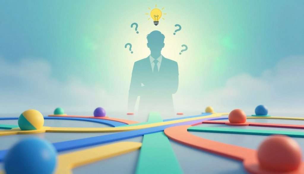 A vibrant and dynamic abstract composition illustrating cognitive flexibility and abstract thinking exercises. In the foreground, include a series of colorful geometric shapes and interconnected pathways, representing various thought processes. The middle ground should feature a translucent silhouette of a person in professional business attire, engaged in thought and surrounded by floating symbols of creativity, like light bulbs and question marks. The background should be an ethereal blend of soft gradients in blue and green hues, suggesting a calming and inspiring atmosphere. Use soft, diffuse lighting to create depth, focusing on the silhouette, with a slightly upward angle to convey aspiration and growth. The overall feel should resonate with motivation and a sense of exploration in problem-solving.