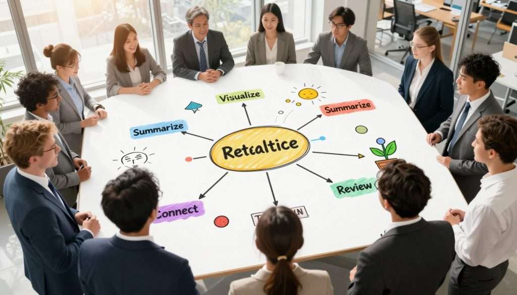 A vibrant and engaging mind map illustrating retention strategies in a professional and organized layout. In the foreground, a diverse group of business professionals, dressed in business attire, are collaborating around a large, colorful mind map displayed on a whiteboard. The middle ground features interconnected branches with keywords like "Visualize," "Summarize," "Connect," and "Review," embellished with simple icons. The background shows a modern office environment with large windows, letting in warm, natural light for a welcoming atmosphere. Use a slightly elevated angle to capture the dynamic interactions and focus on the mind map, showcasing a sense of teamwork and creativity. The mood should inspire motivation and clarity in visual learning. A vibrant and engaging mind map illustrating retention strategies in a professional and organized layout. In the foreground, a diverse group of business professionals, dressed in business attire, are collaborating around a large, colorful mind map displayed on a whiteboard. The middle ground features interconnected branches with keywords like "Visualize," "Summarize," "Connect," and "Review," embellished with simple icons. The background shows a modern office environment with large windows, letting in warm, natural light for a welcoming atmosphere. Use a slightly elevated angle to capture the dynamic interactions and focus on the mind map, showcasing a sense of teamwork and creativity. The mood should inspire motivation and clarity in visual learning.