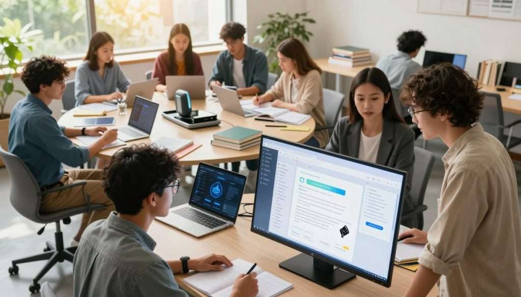 A vibrant and engaging study room filled with a diverse group of students collaborating using AI technology. In the foreground, a mixed-gender group of four young adults, dressed in smart casual attire, enthusiastically discuss their study materials while interacting with a large, transparent touchscreen displaying educational AI applications. In the middle ground, a large round table cluttered with books, laptops, and AI-powered gadgets, emphasizing a dynamic and collaborative atmosphere. The background features a bright sunlit window with greenery outside, creating an inviting and productive learning environment. The lighting is warm and inviting, suggesting creativity and innovation, captured from a slightly elevated angle to encompass both the people and technology harmoniously. The overall mood is one of inspiration and teamwork, celebrating the benefits of AI in collaborative learning. A vibrant and engaging study room filled with a diverse group of students collaborating using AI technology. In the foreground, a mixed-gender group of four young adults, dressed in smart casual attire, enthusiastically discuss their study materials while interacting with a large, transparent touchscreen displaying educational AI applications. In the middle ground, a large round table cluttered with books, laptops, and AI-powered gadgets, emphasizing a dynamic and collaborative atmosphere. The background features a bright sunlit window with greenery outside, creating an inviting and productive learning environment. The lighting is warm and inviting, suggesting creativity and innovation, captured from a slightly elevated angle to encompass both the people and technology harmoniously. The overall mood is one of inspiration and teamwork, celebrating the benefits of AI in collaborative learning.