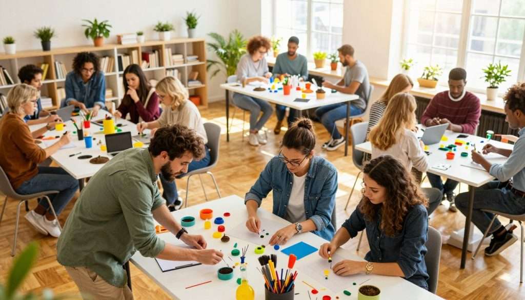 A vibrant and imaginative scene depicting a diverse group of adults engaged in playful experimentation while exploring new topics. In the foreground, a man and a woman, casually dressed, are enthusiastically engaged in a hands-on science project with colorful materials spread out on a large table. In the middle ground, a diverse group of people are gathered around various activity stations, including art, coding, and gardening, all radiating curiosity and excitement. The background features a bright, inviting learning environment filled with bookshelves, plants, and large windows allowing warm sunlight to flood the room, creating a lively and uplifting atmosphere. The angle is slightly elevated, capturing the dynamics of interaction and collaboration among participants. The overall mood is playful, encouraging a sense of exploration and discovery. A vibrant and imaginative scene depicting a diverse group of adults engaged in playful experimentation while exploring new topics. In the foreground, a man and a woman, casually dressed, are enthusiastically engaged in a hands-on science project with colorful materials spread out on a large table. In the middle ground, a diverse group of people are gathered around various activity stations, including art, coding, and gardening, all radiating curiosity and excitement. The background features a bright, inviting learning environment filled with bookshelves, plants, and large windows allowing warm sunlight to flood the room, creating a lively and uplifting atmosphere. The angle is slightly elevated, capturing the dynamics of interaction and collaboration among participants. The overall mood is playful, encouraging a sense of exploration and discovery.