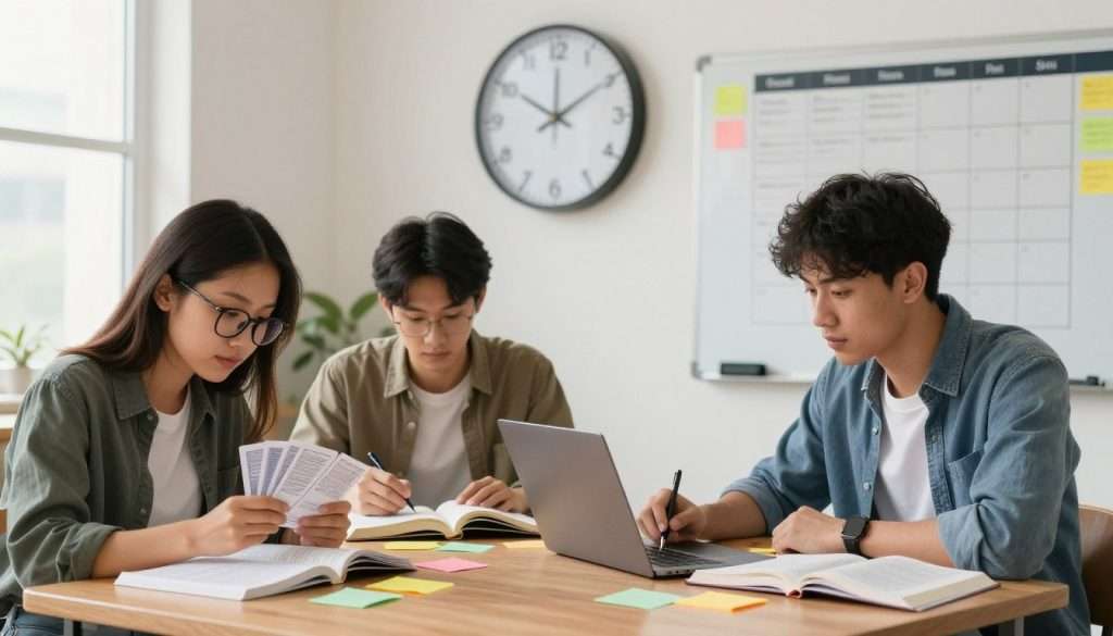 A vibrant and organized study environment, showcasing a diverse group of three students engaged in active learning. In the foreground, a focused female student with glasses, using flashcards, while a male student jots down notes from a laptop. A third student, in casual but neat attire, studies from an open textbook, surrounded by colorful sticky notes. The middle ground features a large wall clock indicating the passage of time, symbolizing the concept of spaced repetition, and a nearby whiteboard filled with study schedules. The background shows warm natural lighting from a window, creating an inviting atmosphere. The overall mood is productive and inspiring, highlighting the effectiveness of collaborative study methods.