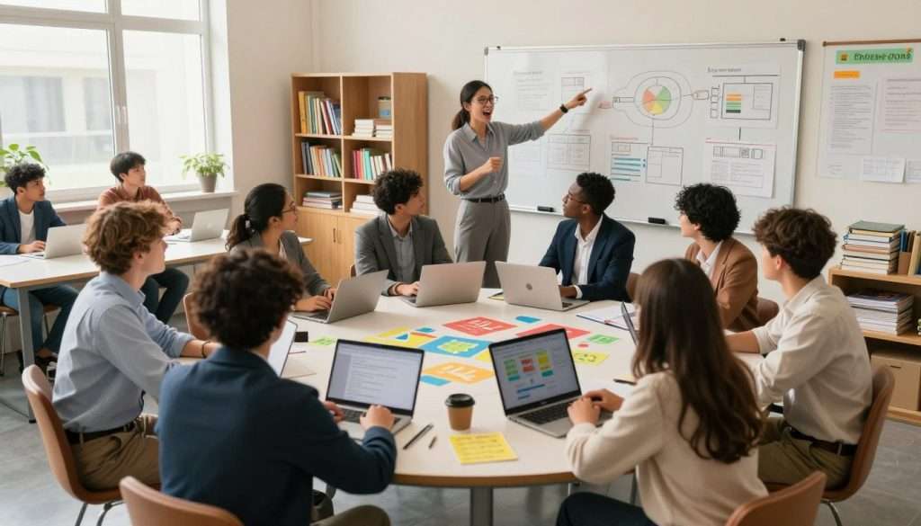 A vibrant classroom scene depicting engaging learning methods. In the foreground, a diverse group of students, dressed in professional business attire and modest casual clothing, actively collaborates around a large round table covered with colorful educational materials, laptops, and notebooks. In the middle ground, a dynamic teacher facilitates the discussion, gesturing enthusiastically as they point to a large whiteboard filled with diagrams and charts. The background features shelves filled with books and educational resources, as well as windows allowing natural light to flood the room, creating a warm and inviting atmosphere. The mood is energetic and focused, capturing the essence of active learning and collaboration. Use a wide-angle lens to enhance the expansive feel of the learning environment and dynamically highlight the interactions among the participants. A vibrant classroom scene depicting engaging learning methods. In the foreground, a diverse group of students, dressed in professional business attire and modest casual clothing, actively collaborates around a large round table covered with colorful educational materials, laptops, and notebooks. In the middle ground, a dynamic teacher facilitates the discussion, gesturing enthusiastically as they point to a large whiteboard filled with diagrams and charts. The background features shelves filled with books and educational resources, as well as windows allowing natural light to flood the room, creating a warm and inviting atmosphere. The mood is energetic and focused, capturing the essence of active learning and collaboration. Use a wide-angle lens to enhance the expansive feel of the learning environment and dynamically highlight the interactions among the participants.