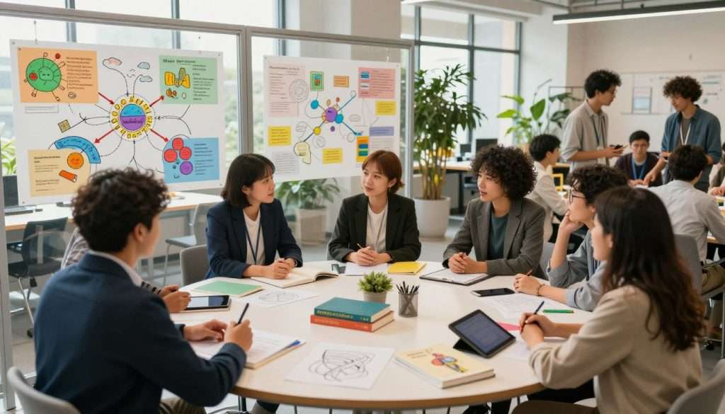 A vibrant, collaborative workspace illustrating interdisciplinary learning. In the foreground, a diverse group of individuals in professional business attire are engaged in discussion around a round table filled with various learning materials—books, sketches, and tablets. In the middle ground, large glass boards display colorful mind maps and diagrams connecting different fields of study, such as science, art, technology, and literature. The background features a light-filled modern educational environment with plants, large windows, and an inviting atmosphere. Warm, natural light cascades through the space, creating a sense of inspiration and creativity. The angle captures a dynamic moment, emphasizing interaction and the joy of learning.