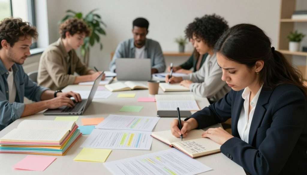 A vibrant indoor setting where a diverse group of individuals is deeply engaged in active note-taking around a large conference table. In the foreground, a focused woman in professional attire scribbles intense thoughts in her notebook, her eyebrows slightly furrowed in concentration. To her left, a man in casual business clothing types on a laptop, occasionally glancing at stacks of colorful notes scattered across the table. The middle ground features an array of open books and papers, some of which contain disorganized notes and highlighted sections, suggesting a dynamic exchange of ideas. The background reveals a brightly lit room with large windows, plants, and modern decor, creating an inspiring atmosphere. Soft natural light filters in, casting subtle shadows that enhance the mood of thoughtful engagement and intellectual challenge. A vibrant indoor setting where a diverse group of individuals is deeply engaged in active note-taking around a large conference table. In the foreground, a focused woman in professional attire scribbles intense thoughts in her notebook, her eyebrows slightly furrowed in concentration. To her left, a man in casual business clothing types on a laptop, occasionally glancing at stacks of colorful notes scattered across the table. The middle ground features an array of open books and papers, some of which contain disorganized notes and highlighted sections, suggesting a dynamic exchange of ideas. The background reveals a brightly lit room with large windows, plants, and modern decor, creating an inspiring atmosphere. Soft natural light filters in, casting subtle shadows that enhance the mood of thoughtful engagement and intellectual challenge.