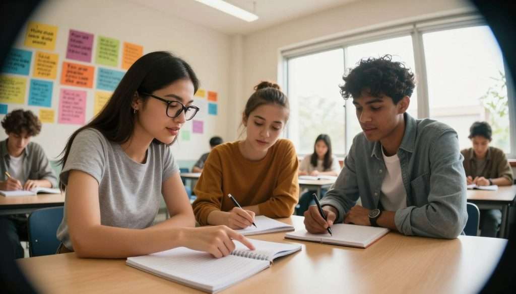 A vibrant scene in a contemporary classroom setting, with a diverse group of three learners collaborating around a table. In the foreground, a young woman with glasses points thoughtfully at a notebook, exuding confidence, while a young man in business casual attire takes notes eagerly. The middle layer features colorful posters about study techniques and motivational quotes on the walls, enriching the atmosphere of encouragement. In the background, a large window lets in warm, natural light, illuminating the room and creating a welcoming environment. The overall mood is dynamic and inspiring, reflecting the energy of social learning and academic assurance, captured with a slight fisheye lens for depth and engagement. A vibrant scene in a contemporary classroom setting, with a diverse group of three learners collaborating around a table. In the foreground, a young woman with glasses points thoughtfully at a notebook, exuding confidence, while a young man in business casual attire takes notes eagerly. The middle layer features colorful posters about study techniques and motivational quotes on the walls, enriching the atmosphere of encouragement. In the background, a large window lets in warm, natural light, illuminating the room and creating a welcoming environment. The overall mood is dynamic and inspiring, reflecting the energy of social learning and academic assurance, captured with a slight fisheye lens for depth and engagement.