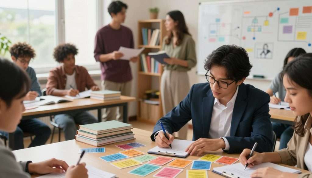 A vibrant study scene depicting a diverse group of learners engaged in active recall strategies. In the foreground, a focused individual, dressed in professional attire, is surrounded by colorful flashcards and visual aids. Their expression conveys concentration and enthusiasm, as they jot down notes. The middle layer showcases a collaborative atmosphere, with peers sharing ideas and visualizing concepts on a whiteboard filled with diagrams. In the background, soft natural light filters through a large window, illuminating the room filled with books and educational materials, creating a warm and inviting mood. The overall atmosphere is energetic and motivating, emphasizing the importance of memory retention through engaging study techniques. The composition is balanced, inviting the viewer to appreciate the dynamic learning environment. A vibrant study scene depicting a diverse group of learners engaged in active recall strategies. In the foreground, a focused individual, dressed in professional attire, is surrounded by colorful flashcards and visual aids. Their expression conveys concentration and enthusiasm, as they jot down notes. The middle layer showcases a collaborative atmosphere, with peers sharing ideas and visualizing concepts on a whiteboard filled with diagrams. In the background, soft natural light filters through a large window, illuminating the room filled with books and educational materials, creating a warm and inviting mood. The overall atmosphere is energetic and motivating, emphasizing the importance of memory retention through engaging study techniques. The composition is balanced, inviting the viewer to appreciate the dynamic learning environment.