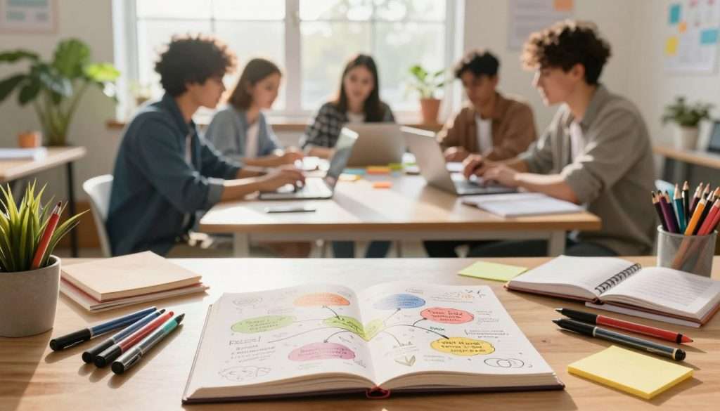 A vibrant, well-organized study space filled with creative learning tools. In the foreground, an open notebook showcases colorful mind maps and doodles, surrounded by an array of felt-tip pens and sticky notes. The middle layer features a diverse group of engaged students, one wearing smart casual attire, sitting around a large table, brainstorming and collaborating on ideas, with laptops open and textbooks spread out. In the background, a bright window allows natural sunlight to flood the room, casting a warm glow that creates an inviting atmosphere. Lively plants in pots add a touch of greenery, enhancing the sense of creativity and focus. The overall mood is dynamic and inspiring, encouraging a positive approach to learning.