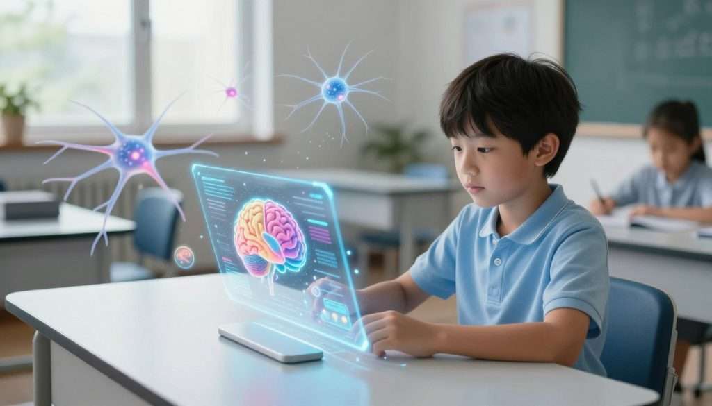 A visually engaging illustration depicting the concept of cognitive development and information processing. In the foreground, a young learner seated at a sleek, modern desk, deeply focused on an interactive holographic display, showcasing colorful brain maps and digital flows of information. The middle ground features abstract representations of neurons and synapses, gently pulsating with light to symbolize active learning and knowledge retention. In the background, a softly lit classroom with large windows letting in natural light, blending a serene atmosphere that encourages exploration. The scene is captured from a slightly elevated angle, emphasizing the dynamic interaction between the learner and the digital interface. The overall mood is inspiring and thought-provoking, highlighting the journey of cognitive growth in an engaging and modern educational environment.