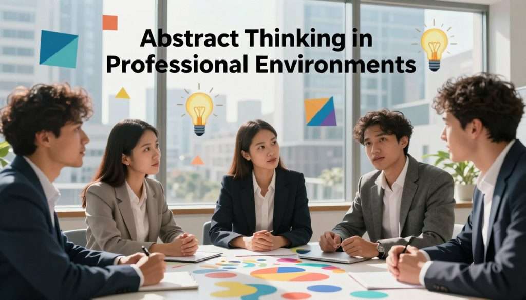A visually striking image representing "Abstract Thinking in Professional Environments." In the foreground, a diverse group of three professionals—one woman and two men, dressed in smart business attire—are engaged in a dynamic brainstorming session, surrounded by colorful abstract shapes and patterns that symbolize creative ideas. In the middle ground, a large window reveals a modern cityscape, with soft sunlight streaming in, casting gentle shadows. The background features floating geometric shapes and luminous light bulbs, representing innovative thoughts and solutions. The overall mood is vibrant and inspiring, promoting a sense of collaboration and intellectual exploration. Use a balanced composition, with a slight focus on the professionals' expressions of engagement and curiosity, captured using a wide-angle lens to enhance the sense of space.