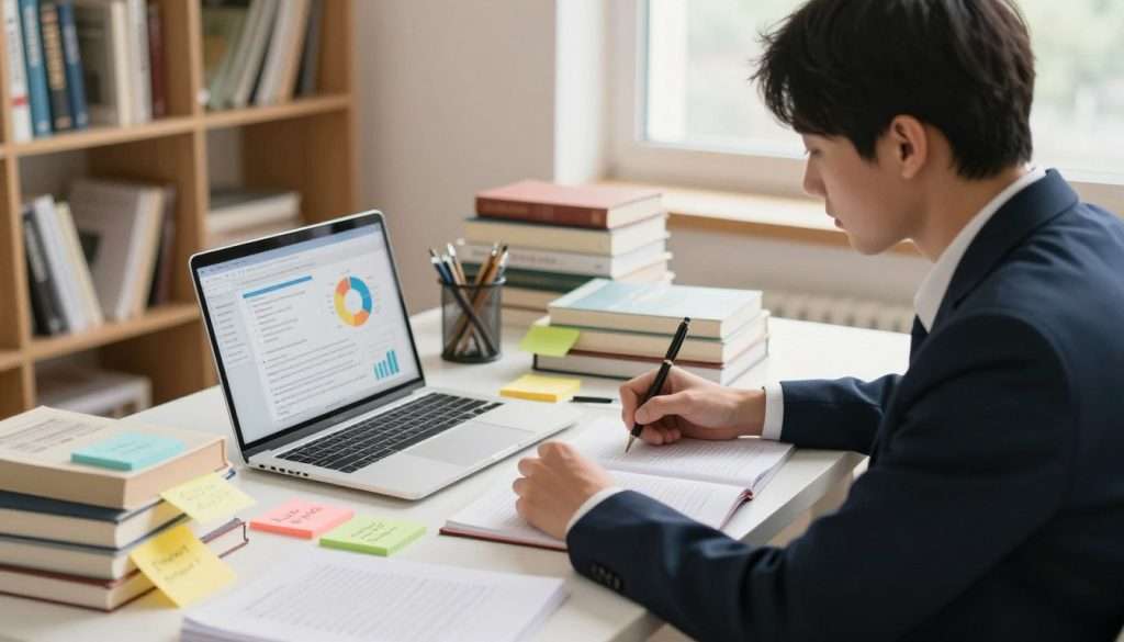 A well-lit study environment showcasing an effective study method centered around active recall. In the foreground, a young adult, dressed in professional business attire, sits at a desk cluttered with colorful sticky notes and textbooks, engaged in deep concentration, recalling information. The middle section features a neatly organized desk featuring a laptop with an open study app displaying charts of progress and memory retention. In the background, a bookshelf filled with academic books and a window letting in warm, natural light creates an inviting atmosphere. The overall mood is focused and motivating, emphasizing the importance of measuring progress in learning. The angle captures the subject from a slight side view, highlighting the study tools and environment.