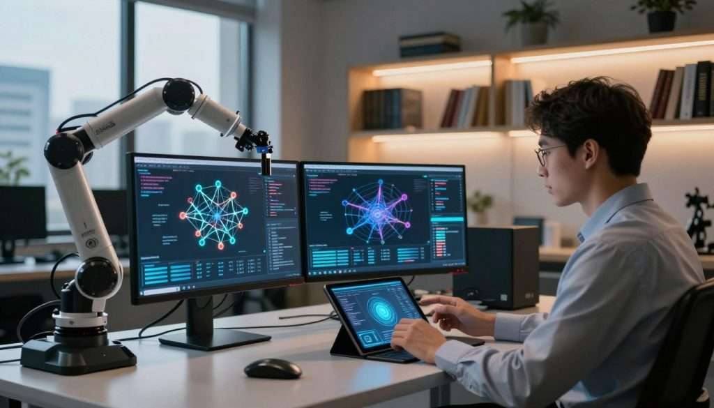A well-organized modern workspace dedicated to deep learning, featuring a sleek desk with multiple computer monitors displaying complex neural network graphs. In the foreground, a meticulous researcher in professional attire is adjusting a robotic arm and analyzing data on a tablet. The middle ground showcases shelves lined with books on artificial intelligence, machine learning, and programming languages, illuminated by soft, warm lighting. The background reveals a large window with a view of a cityscape, casting natural light that enhances the atmosphere of innovation and creativity. The overall mood is one of focus and determination, conveying a sense of advancement in a technologically rich environment, with a color palette of cool blues and warm earth tones. A well-organized modern workspace dedicated to deep learning, featuring a sleek desk with multiple computer monitors displaying complex neural network graphs. In the foreground, a meticulous researcher in professional attire is adjusting a robotic arm and analyzing data on a tablet. The middle ground showcases shelves lined with books on artificial intelligence, machine learning, and programming languages, illuminated by soft, warm lighting. The background reveals a large window with a view of a cityscape, casting natural light that enhances the atmosphere of innovation and creativity. The overall mood is one of focus and determination, conveying a sense of advancement in a technologically rich environment, with a color palette of cool blues and warm earth tones.