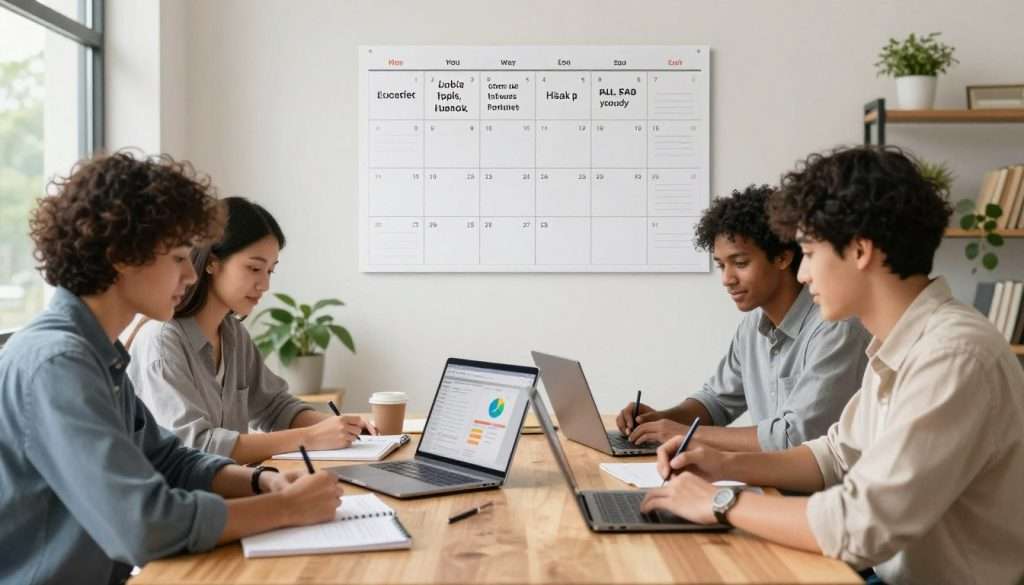 A well-organized study space captures the essence of productivity, featuring a modern wooden desk with neatly arranged stationery, a laptop open to a study application with colorful graphs. In the foreground, a diverse group of three young adults, dressed in professional casual attire, actively engage with study materials and technology. The middle of the image shows a large wall calendar filled with motivational quotes, task lists, and deadlines, symbolizing organization and time management. The background is softly lit with a large window allowing natural light to flood in, creating a warm and inviting atmosphere. Potted plants add a touch of greenery, promoting a refreshing and motivating environment. The overall mood is focused and encouraging, embodying the battle against procrastination and the pursuit of productive study habits.
