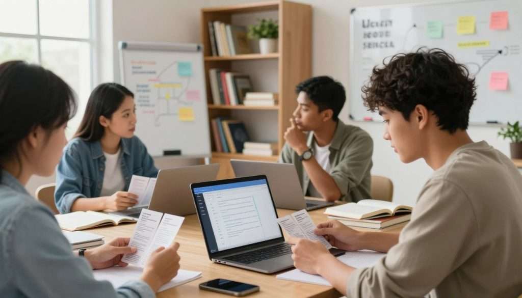 A well-organized study space featuring a diverse group of students engaged in active recall techniques. In the foreground, a focused student in smart casual attire uses flashcards while a laptop displays a digital spaced repetition tool. In the middle ground, two students collaborate, discussing information with a whiteboard filled with colorful notes and diagrams. The background shows a softly lit bookshelf filled with textbooks, plants, and inspirational study quotes. Natural light filters in through a window, creating a warm and inviting atmosphere conducive to learning. The scene captures an energetic and productive mood, embodying the essence of effective study habits and techniques. A well-organized study space featuring a diverse group of students engaged in active recall techniques. In the foreground, a focused student in smart casual attire uses flashcards while a laptop displays a digital spaced repetition tool. In the middle ground, two students collaborate, discussing information with a whiteboard filled with colorful notes and diagrams. The background shows a softly lit bookshelf filled with textbooks, plants, and inspirational study quotes. Natural light filters in through a window, creating a warm and inviting atmosphere conducive to learning. The scene captures an energetic and productive mood, embodying the essence of effective study habits and techniques.