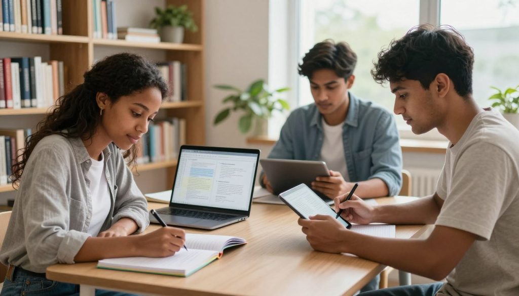 A well-organized study space featuring a diverse group of three students engaged in advanced note-taking strategies. In the foreground, a female student of African descent, focused and writing in a colorful notebook, wearing modest casual clothing. Beside her, a South Asian male student is reviewing digital notes on a tablet, showcasing modern technology. In the middle ground, an open laptop displays visually appealing, well-structured notes and diagrams. The background features a bright and airy library with bookshelves filled with academic resources, potted plants, and large windows allowing natural light to flood in. The scene conveys a mood of concentration and collaboration, emphasizing the importance of effective study techniques for retention. The lighting is soft and inviting, creating a warm atmosphere that inspires academic excellence. A well-organized study space featuring a diverse group of three students engaged in advanced note-taking strategies. In the foreground, a female student of African descent, focused and writing in a colorful notebook, wearing modest casual clothing. Beside her, a South Asian male student is reviewing digital notes on a tablet, showcasing modern technology. In the middle ground, an open laptop displays visually appealing, well-structured notes and diagrams. The background features a bright and airy library with bookshelves filled with academic resources, potted plants, and large windows allowing natural light to flood in. The scene conveys a mood of concentration and collaboration, emphasizing the importance of effective study techniques for retention. The lighting is soft and inviting, creating a warm atmosphere that inspires academic excellence.
