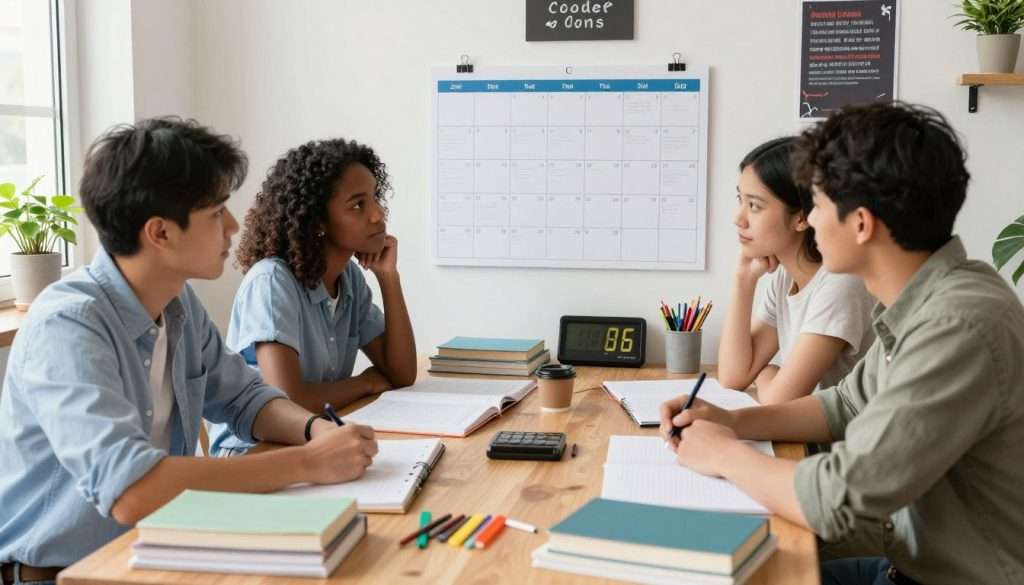 A well-organized study space featuring a wooden desk cluttered with textbooks, notebooks, and colorful stationery. In the foreground, a diverse group of three students—one Asian male, one Black female, and one Hispanic male—each wearing casual but neat clothing, are attentively discussing study strategies. In the middle, a large wall calendar is prominently displayed, visually marked with dates and study goals, alongside a digital clock showing the study time. The background features a bright window letting in warm natural light, creating a cozy atmosphere, with potted plants and motivational posters on the walls. The scene captures a collaborative spirit and dedication to developing a consistent study schedule. The composition is well-lit, shot from a slightly elevated angle to capture the full arrangement of the study space.
