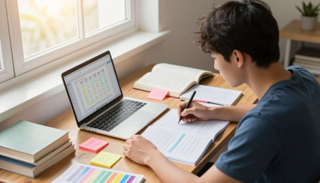 A well-organized study space featuring a young adult student sitting at a wooden desk, surrounded by colorful sticky notes and flashcards. In the foreground, a focused expression on the student's face highlights their engagement with the material. In the middle, books and a laptop open to a study app displaying spaced repetition charts. The background features a bright window with sunlight streaming in, illuminating the room and creating a warm, motivating atmosphere. The scene conveys a sense of determination and productivity, reflecting the effort of integrating spaced repetition with active recall. Use soft lighting to create a calm yet focused mood, captured from a slightly elevated angle to provide a comprehensive view of the study environment.