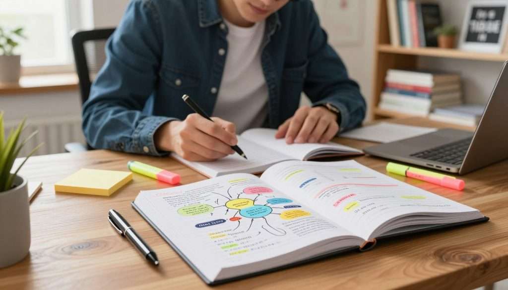 A well-organized study space focused on effective note-taking techniques. In the foreground, a neatly arranged wooden desk features an open notebook filled with colorful, organized notes and mind maps. A stylish pen lies beside the notebook, hinting at the active engagement with material. In the middle, a student dressed in smart casual attire is seated, attentively reviewing the notes, with a focused expression and tools like highlighters and sticky notes surrounding them. The background reveals a cozy, well-lit room with shelves filled with books and motivational posters. Soft, natural light filters through a window, creating a warm atmosphere that encourages productivity and learning. The image should evoke a sense of calm determination and an effective study vibe, showcasing the benefits of structured study methods.
