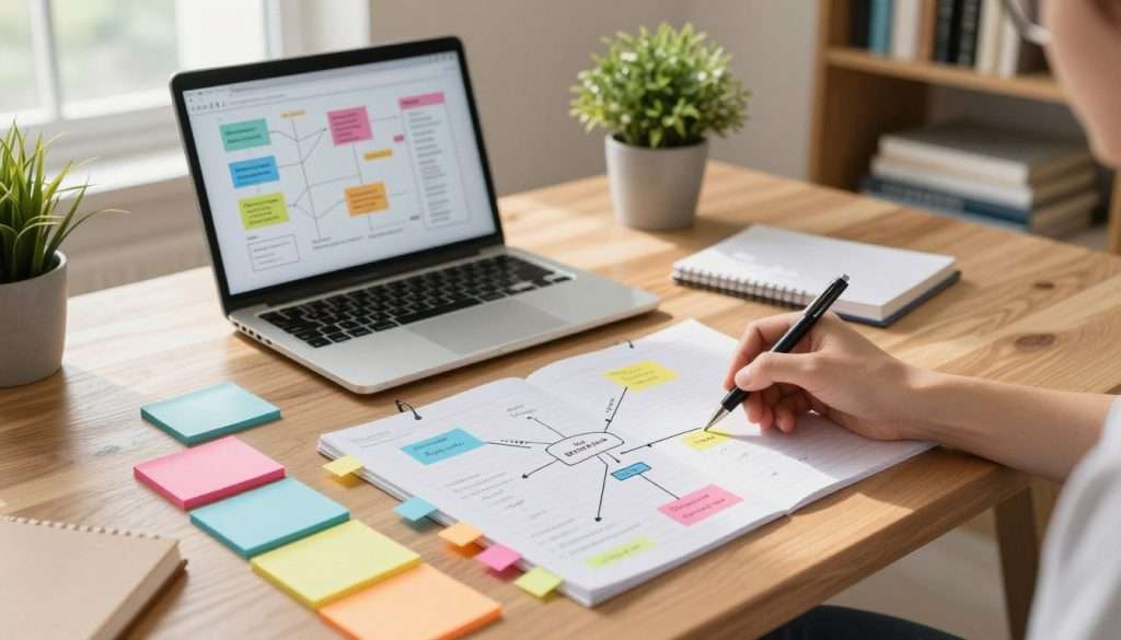 A well-organized workspace featuring a modern wooden desk covered with neatly arranged notes, colorful sticky tags, and connected mind maps, emphasizing efficient note organization. In the foreground, a hand holding a pen is annotating a note, surrounded by vibrant index cards pinned with strings to showcase linking concepts. The middle ground highlights a laptop open with diagrams illustrating tags and categories. The background includes a bookshelf filled with books and a potted plant adding a fresh touch. Bright natural lighting streams in from a window, creating an inviting atmosphere. The overall mood is focused and productive, embodying a sense of clarity and organization in note-taking practices. A well-organized workspace featuring a modern wooden desk covered with neatly arranged notes, colorful sticky tags, and connected mind maps, emphasizing efficient note organization. In the foreground, a hand holding a pen is annotating a note, surrounded by vibrant index cards pinned with strings to showcase linking concepts. The middle ground highlights a laptop open with diagrams illustrating tags and categories. The background includes a bookshelf filled with books and a potted plant adding a fresh touch. Bright natural lighting streams in from a window, creating an inviting atmosphere. The overall mood is focused and productive, embodying a sense of clarity and organization in note-taking practices.