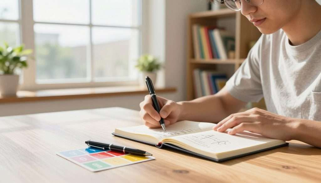 In a bright, modern study space, a young adult sits at a sleek wooden desk, engaging with an open notebook filled with handwritten notes and diagrams. The foreground showcases a gleaming pen resting beside a vibrant flashcard, symbolizing active recall. In the middle ground, a large, well-lit window reveals a sunny day, flooding the room with warm, natural light, creating a sense of optimism. In the background, shelves filled with colorful books and a potted plant enhance the atmosphere of growth and clarity. The overall mood is focused and invigorating, highlighting the transformational journey from confusion to understanding through active learning techniques. The perspective should be slightly angled, emphasizing both the subject’s intense concentration and the organized study environment. In a bright, modern study space, a young adult sits at a sleek wooden desk, engaging with an open notebook filled with handwritten notes and diagrams. The foreground showcases a gleaming pen resting beside a vibrant flashcard, symbolizing active recall. In the middle ground, a large, well-lit window reveals a sunny day, flooding the room with warm, natural light, creating a sense of optimism. In the background, shelves filled with colorful books and a potted plant enhance the atmosphere of growth and clarity. The overall mood is focused and invigorating, highlighting the transformational journey from confusion to understanding through active learning techniques. The perspective should be slightly angled, emphasizing both the subject’s intense concentration and the organized study environment.