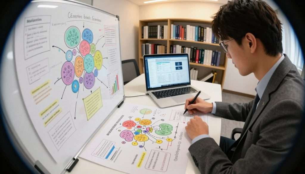 In a well-lit, modern office environment, a focused individual in professional business attire is intensely engaged in using advanced memorization techniques for complex data. The foreground features a large whiteboard filled with colorful mind maps and graphs, illustrating various memorization strategies. In the middle ground, a sleek laptop displays a digital database with intricate algorithms and charts. The background shows shelves lined with books on cognitive science and memorization techniques, softly illuminated by warm overhead lighting. The atmosphere is serene yet intellectually stimulating, suggesting productivity and deep concentration. A slight fisheye lens effect adds depth, enhancing the intricacy of the scene while maintaining clarity in the details.