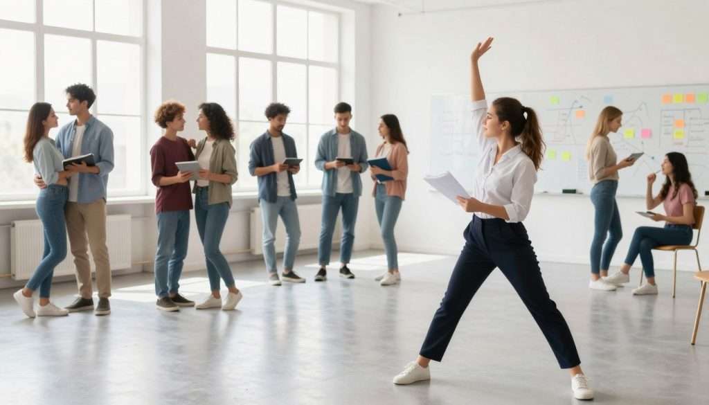 A bright, airy classroom filled with natural light streaming through large windows, showcasing diverse human figures engaged in various movement-based learning techniques. In the foreground, a young woman in professional attire is stretching and reaching while reading notes, embodying a dynamic approach to studying. In the middle, a group of students walks around in pairs, discussing topics enthusiastically, while others are pacing with devices like tablets and notebooks. In the background, a large whiteboard is filled with colorful diagrams and sticky notes, emphasizing a collaborative environment. The atmosphere is vibrant and energetic, reflecting the joy of learning through movement. Soft, diffused lighting enhances the inviting mood, and a wide-angle perspective captures the full essence of the learning space. A bright, airy classroom filled with natural light streaming through large windows, showcasing diverse human figures engaged in various movement-based learning techniques. In the foreground, a young woman in professional attire is stretching and reaching while reading notes, embodying a dynamic approach to studying. In the middle, a group of students walks around in pairs, discussing topics enthusiastically, while others are pacing with devices like tablets and notebooks. In the background, a large whiteboard is filled with colorful diagrams and sticky notes, emphasizing a collaborative environment. The atmosphere is vibrant and energetic, reflecting the joy of learning through movement. Soft, diffused lighting enhances the inviting mood, and a wide-angle perspective captures the full essence of the learning space.
