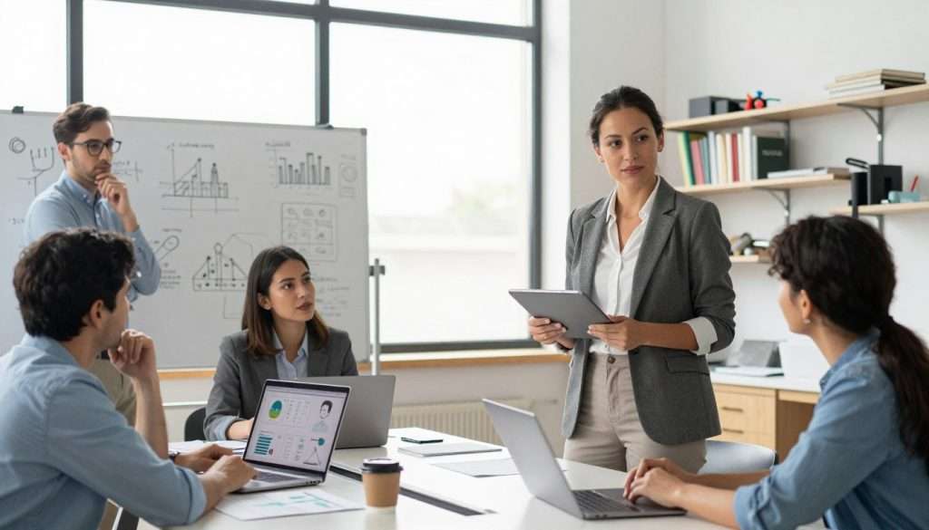 A bright and creative workspace featuring a diverse group of professionals engaged in collaborative problem-solving. In the foreground, a confident woman in smart casual attire stands with a digital tablet, presenting ideas to her colleagues around a sleek conference table. To the left, a thoughtful man in business attire sketches concepts on a whiteboard, while another woman discusses strategies with visual diagrams displayed on a laptop. The middle ground shows a large window with natural light flooding in, enhancing the atmosphere of innovation and productivity. In the background, shelves filled with books and tools symbolize a well-stocked toolkit for problem solving. The mood is dynamic and inspiring, with a soft focus on the faces of the individuals, capturing their determination and creativity in action. A bright and creative workspace featuring a diverse group of professionals engaged in collaborative problem-solving. In the foreground, a confident woman in smart casual attire stands with a digital tablet, presenting ideas to her colleagues around a sleek conference table. To the left, a thoughtful man in business attire sketches concepts on a whiteboard, while another woman discusses strategies with visual diagrams displayed on a laptop. The middle ground shows a large window with natural light flooding in, enhancing the atmosphere of innovation and productivity. In the background, shelves filled with books and tools symbolize a well-stocked toolkit for problem solving. The mood is dynamic and inspiring, with a soft focus on the faces of the individuals, capturing their determination and creativity in action.