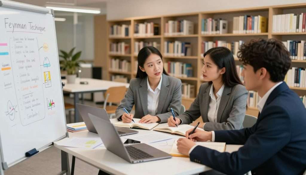 A bright and inviting study space illustrating quick learning methods, prominently featuring a diverse group of three young professionals in professional business attire, deeply engaged in a collaborative learning session. In the foreground, a whiteboard displays clearly outlined key concepts of the Feynman Technique, with colorful markers and sketches around it. The middle ground showcases a table filled with open books, notepads, and laptops, emphasizing active discussion and brainstorming. The background represents a modern, well-lit library or study area with bookshelves filled with educational materials. Soft, warm lighting creates an inspiring atmosphere, while a slight focus blur on the background adds depth. The angle captures the dynamic interaction, fostering a sense of motivation and teamwork in their quest for deep understanding.