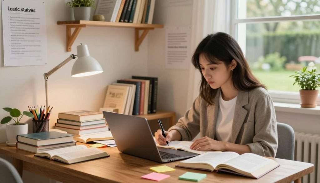 A bright, cozy study room filled with a wooden desk cluttered with open books, colorful sticky notes, and stationery. In the foreground, a focused young woman in smart casual attire, sitting at the desk, studying with a laptop and taking notes, her expression showing concentration and determination. The middle section reveals shelves lined with books, posters of effective learning strategies on the walls, and a small plant adding a touch of nature. Soft, warm lighting from a desk lamp creates an inviting atmosphere, casting gentle shadows. In the background, a large window allows natural light to flood in, offering a view of a peaceful garden, symbolizing the balance between study and relaxation. The overall mood is inspiring and productive. A bright, cozy study room filled with a wooden desk cluttered with open books, colorful sticky notes, and stationery. In the foreground, a focused young woman in smart casual attire, sitting at the desk, studying with a laptop and taking notes, her expression showing concentration and determination. The middle section reveals shelves lined with books, posters of effective learning strategies on the walls, and a small plant adding a touch of nature. Soft, warm lighting from a desk lamp creates an inviting atmosphere, casting gentle shadows. In the background, a large window allows natural light to flood in, offering a view of a peaceful garden, symbolizing the balance between study and relaxation. The overall mood is inspiring and productive.