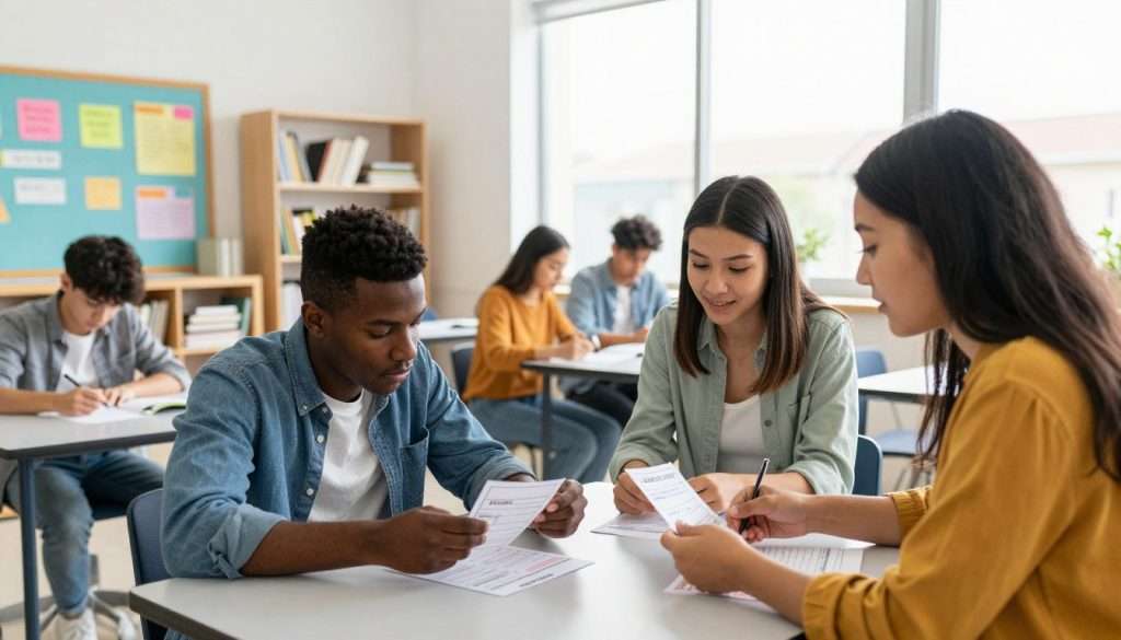 A bright, modern classroom scene filled with diverse students engaged in effective learning strategies. In the foreground, a group of three students, one Black male, one Hispanic female, and one Asian female, are collaborating around a table, reviewing flashcards and discussing concepts related to active recall. In the middle ground, shelves filled with books and study materials are visible, while a bulletin board displays colorful charts illustrating the principles of spaced repetition. The background features a large window allowing natural light to flood the room, enhancing the vibrant atmosphere. The angles are slightly angled upwards, creating an inviting perspective. The overall mood is focused, encouraging, and inspiring, encapsulating the essence of effective learning strategies in action.